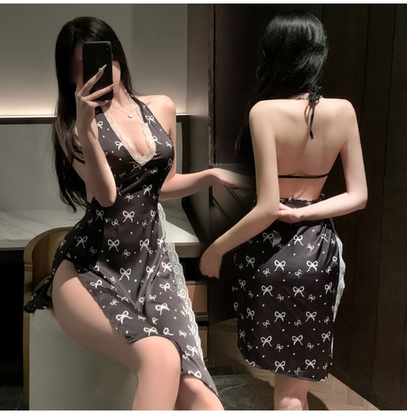 FEE ET MOI - Side Slit Tie-Back Bow Print Dress (Black) FEE ET MOI - Side Slit Tie-Back Bow Print Dress (Black)